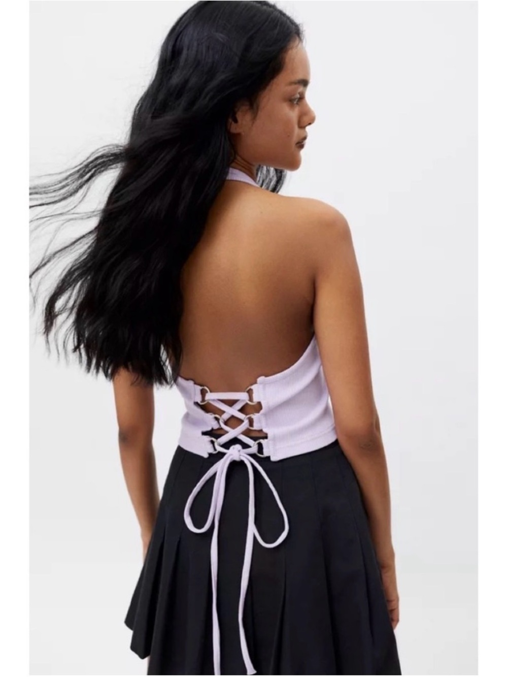 The Ragged Priest Ribbed Lace-Up Halter Crop Top - Lavender (XS) - Picture 2 of 6